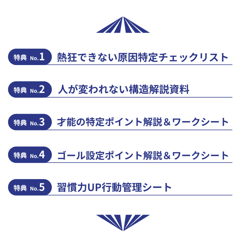 ①熱狂できない原因特定チェックリスト ②人が変われない構造解説資料 ③才能の特定ポイント解説＆ワークシート ④ゴール設定ポイント解説＆ワークシート ⑤習慣力UP行動管理シート